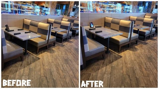 Restaurant booth reupholstery, before and after