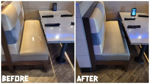 Restaurant booth seat reupholstery, before and after