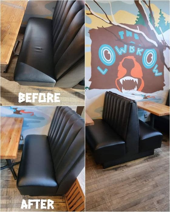 Restaurant booth reupholstery in black vinyl, before and after