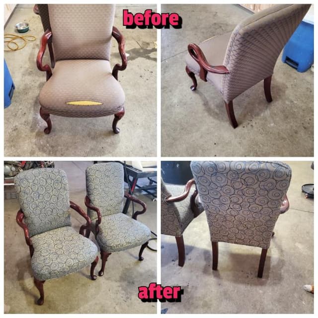 Waiting room chair reupholstery, before and after