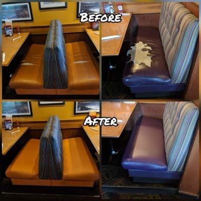 Before and after reupholstery of a restaurant booth
